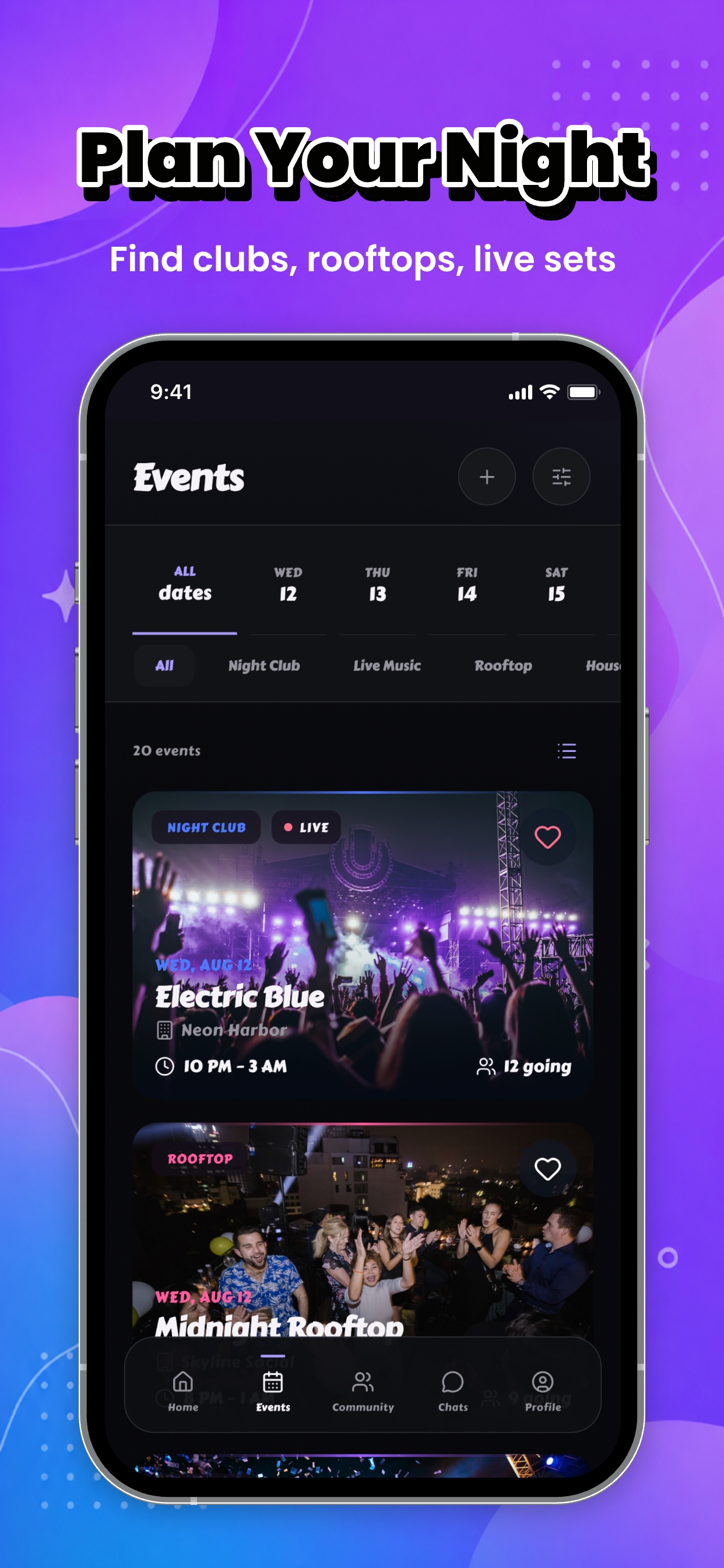 Bello app showing nightlife events and rooftop gatherings